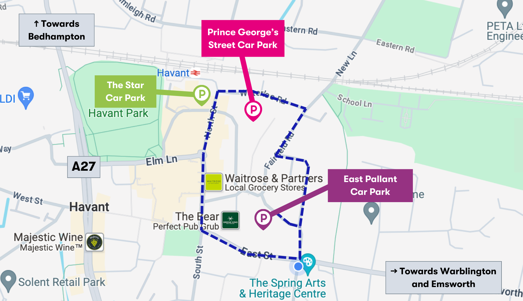 A map of the area around The Spring showcasing the three local car parks within a 5 minute walk of the venue